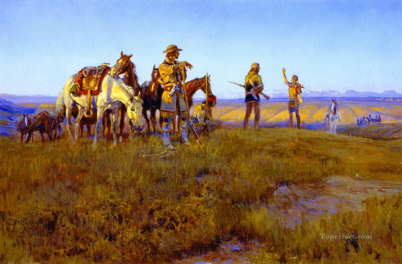 Trêve de l homme sauvage 1914 Charles Marion Russell Amérindiens Peintures à l'huile